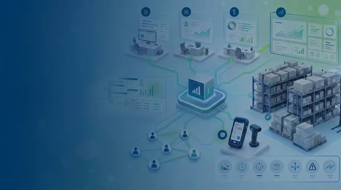 Illustration of an inventory management platform connecting warehouse stock, mobile scanning, dashboards, purchasing, finance, and team workflows under a blue Milestone-branded overlay.