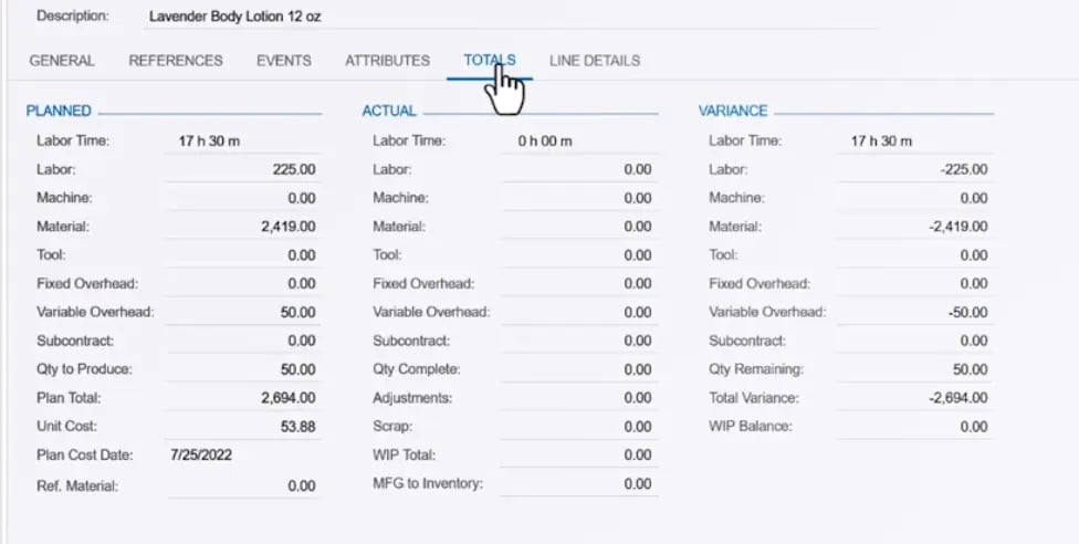 Acumatica Production Management 5 - Totals Tab copy