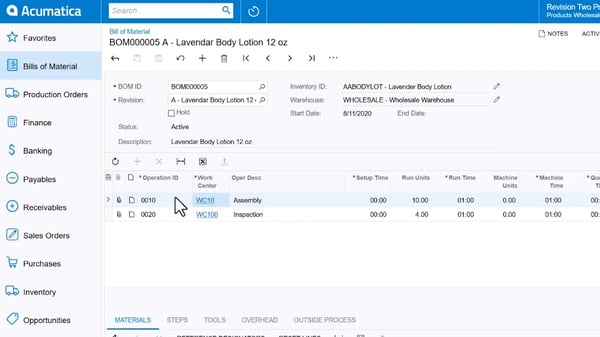 Acumatica Bill of Material BOM copy