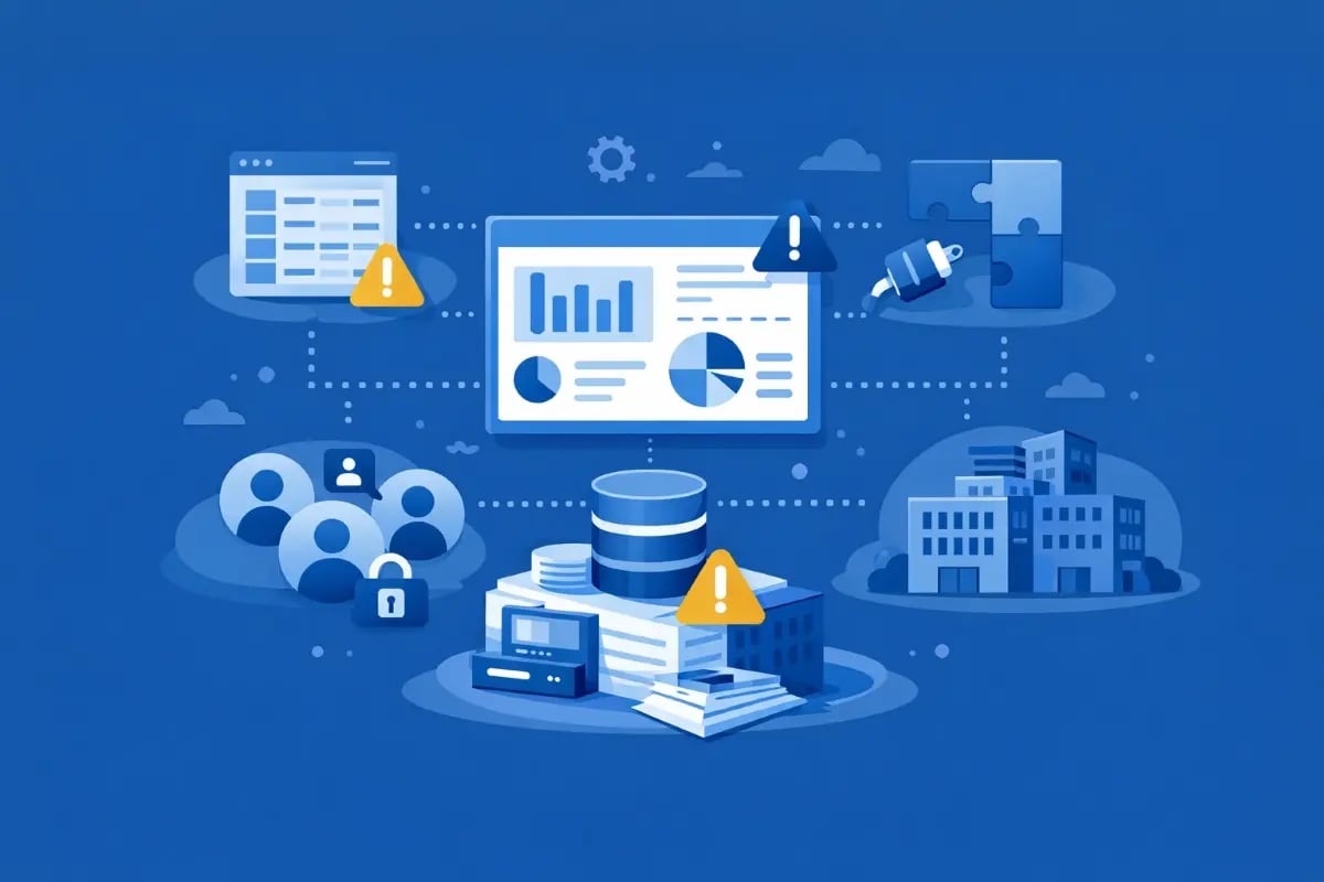 Illustration showing disconnected accounting data, reporting dashboards, multiple users, and warning icons representing businesses outgrowing QuickBooks and needing a more connected financial system.