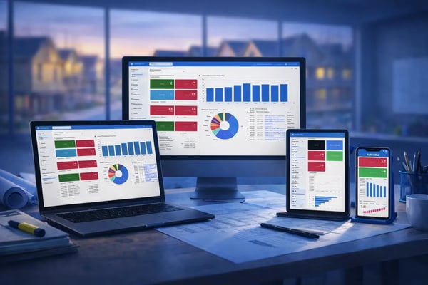 Acumatica construction ERP dashboards displayed across desktop, laptop, tablet, and mobile devices in a modern office overlooking a blurred residential construction site.