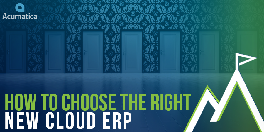 Multiple closed doors symbolizing different ERP options with the Acumatica logo and text “How to Choose the Right New Cloud ERP,” representing the ERP selection process.