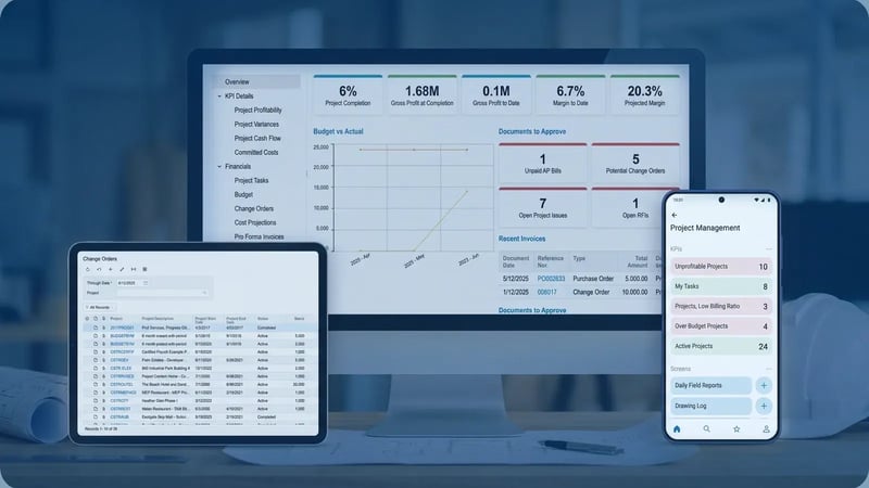 Acumatica construction software dashboards for project management, financials, and field operations.