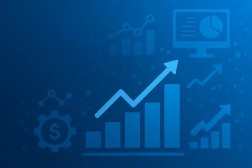 Abstract blue gradient illustration representing financial digital transformation, featuring connected data lines, circuit-style patterns, and technology icons without any text.