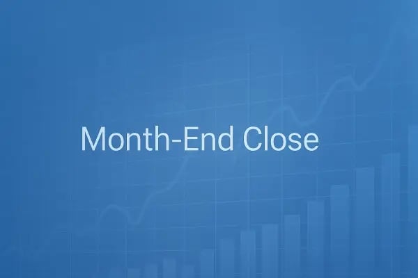 A blue graphic background with faint line and bar charts, featuring the centered text “Month-End Close.