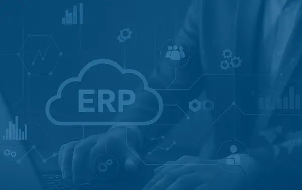 A professional digital graphic with a soft blue overlay and subtle technology-themed icons, creating a clean modern background suited for SaaS ERP or cloud ERP business content.