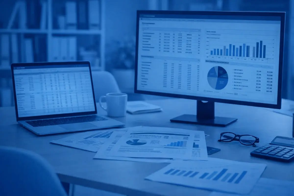 Modern accounting workspace with financial reports and dashboards representing evolving business reporting needs