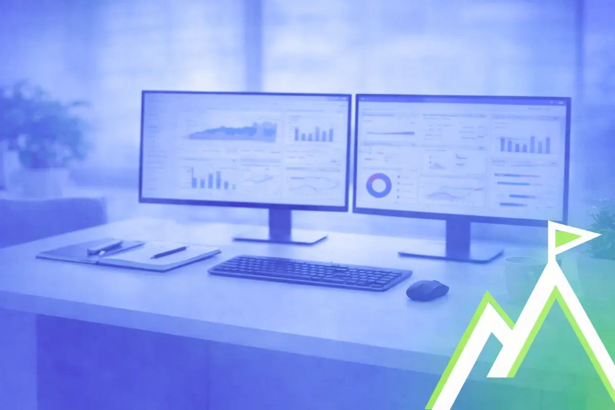 Blue-tinted office workspace with dual monitors displaying financial dashboards, representing ERP reporting and system comparison between Sage 100 and Acumatica.