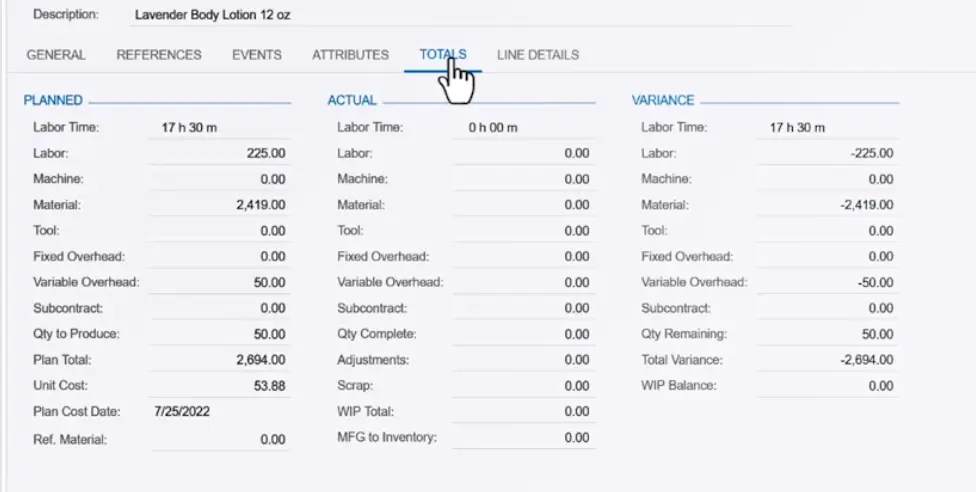 Acumatica Production Management 5 - Totals Tab copy