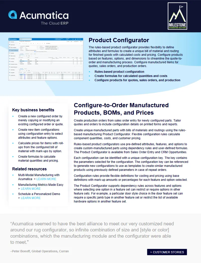 Acumatica Product Configurator - Manufacturing Edition | Milestone IS