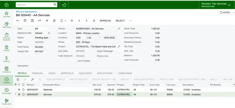 Acumatica bills and adjustments screen for project-related transactions