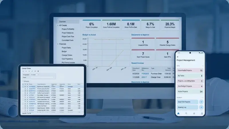 Acumatica construction financial dashboard showing project and job cost data