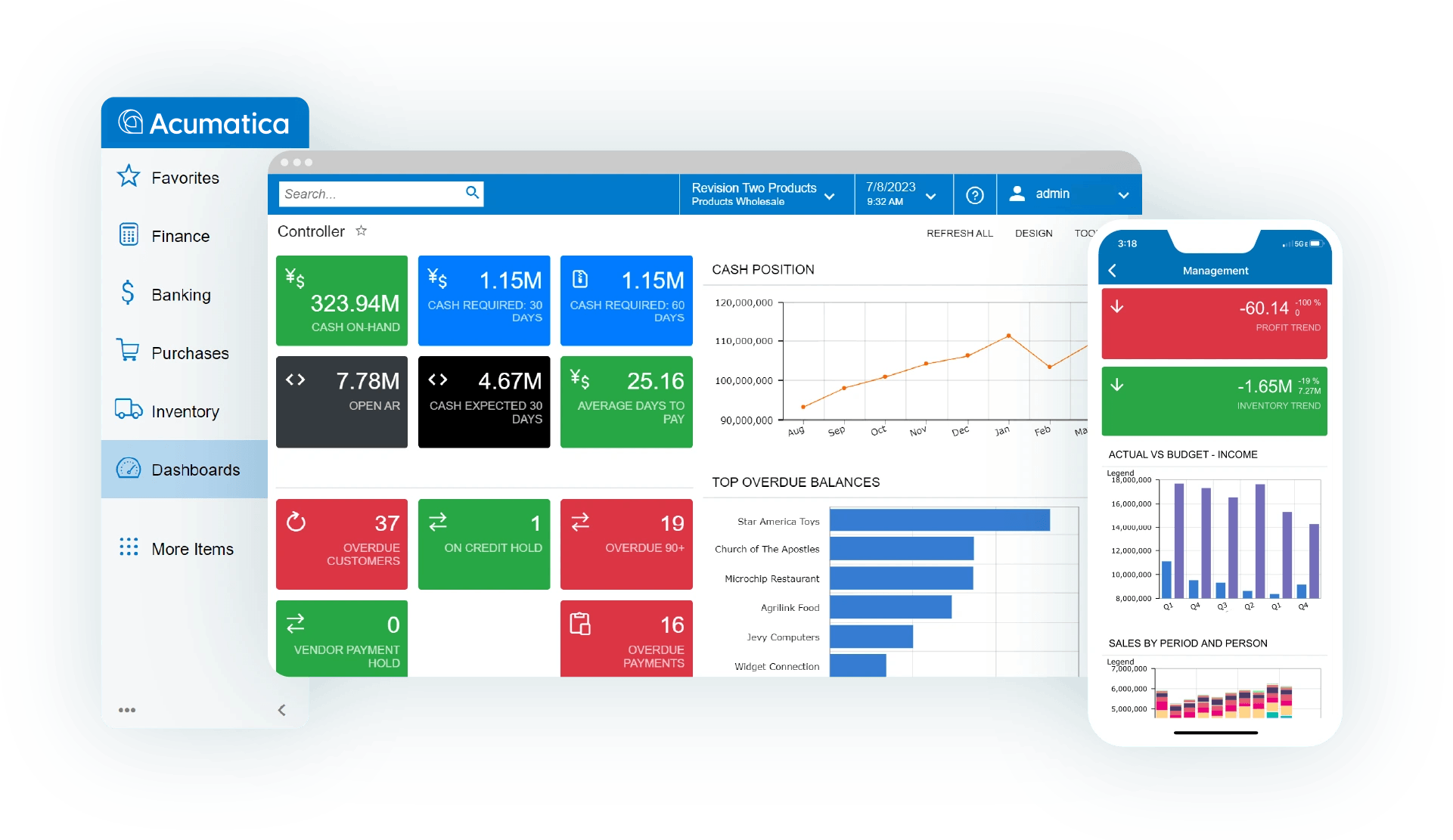 Acumatica controller dashboard with financial key performance indicators