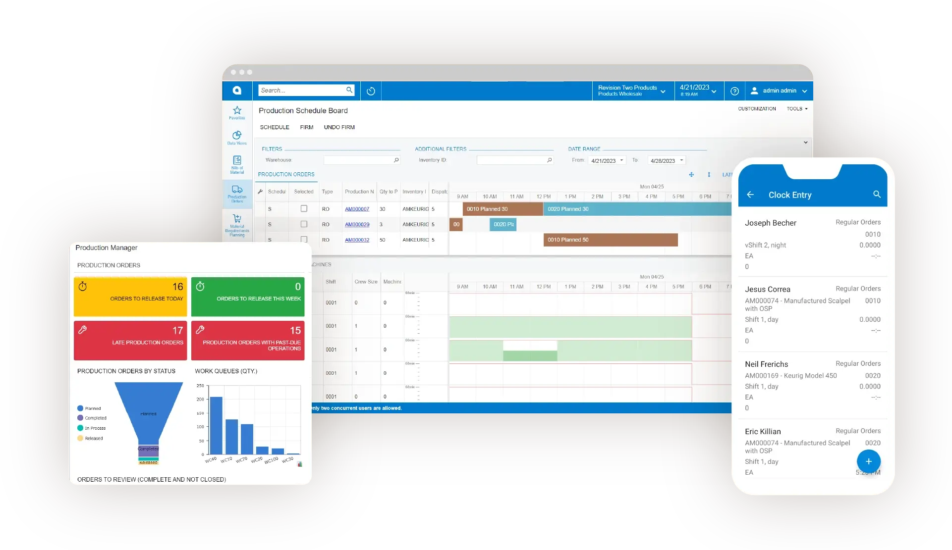 Acumatica Manufacturing Edition screens showing production, inventory, and costing information