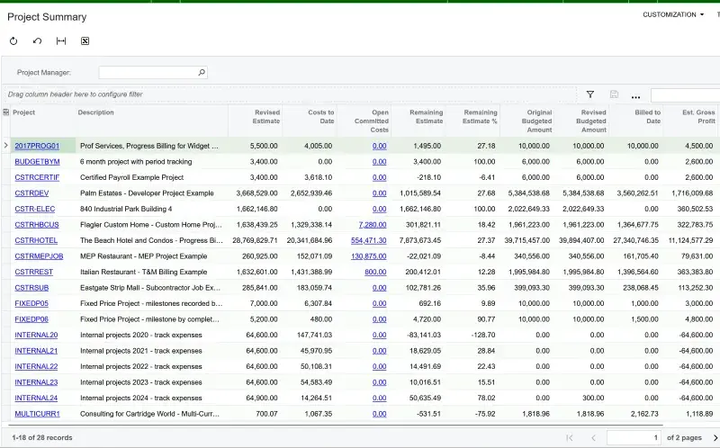 Acumatica project summary inquiry with project financial totals